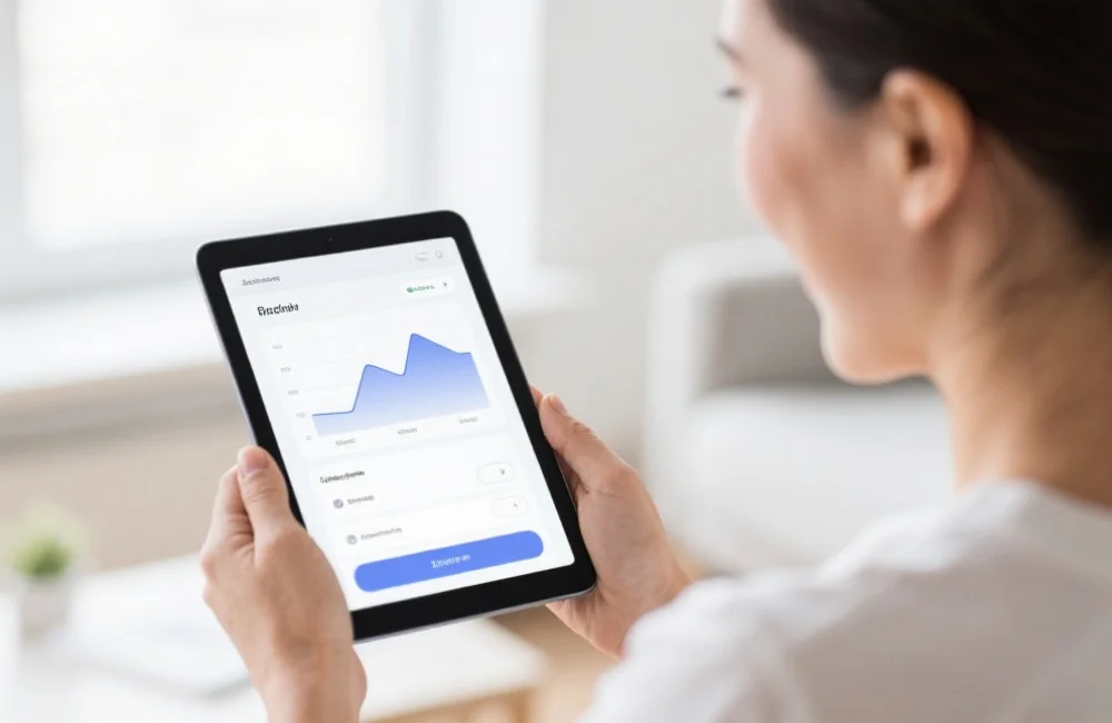 展示一位用户微笑地使用平板电脑,界面上显示着简洁明了的数据图表和友好的操作按钮,背景为明亮舒适的室内环境